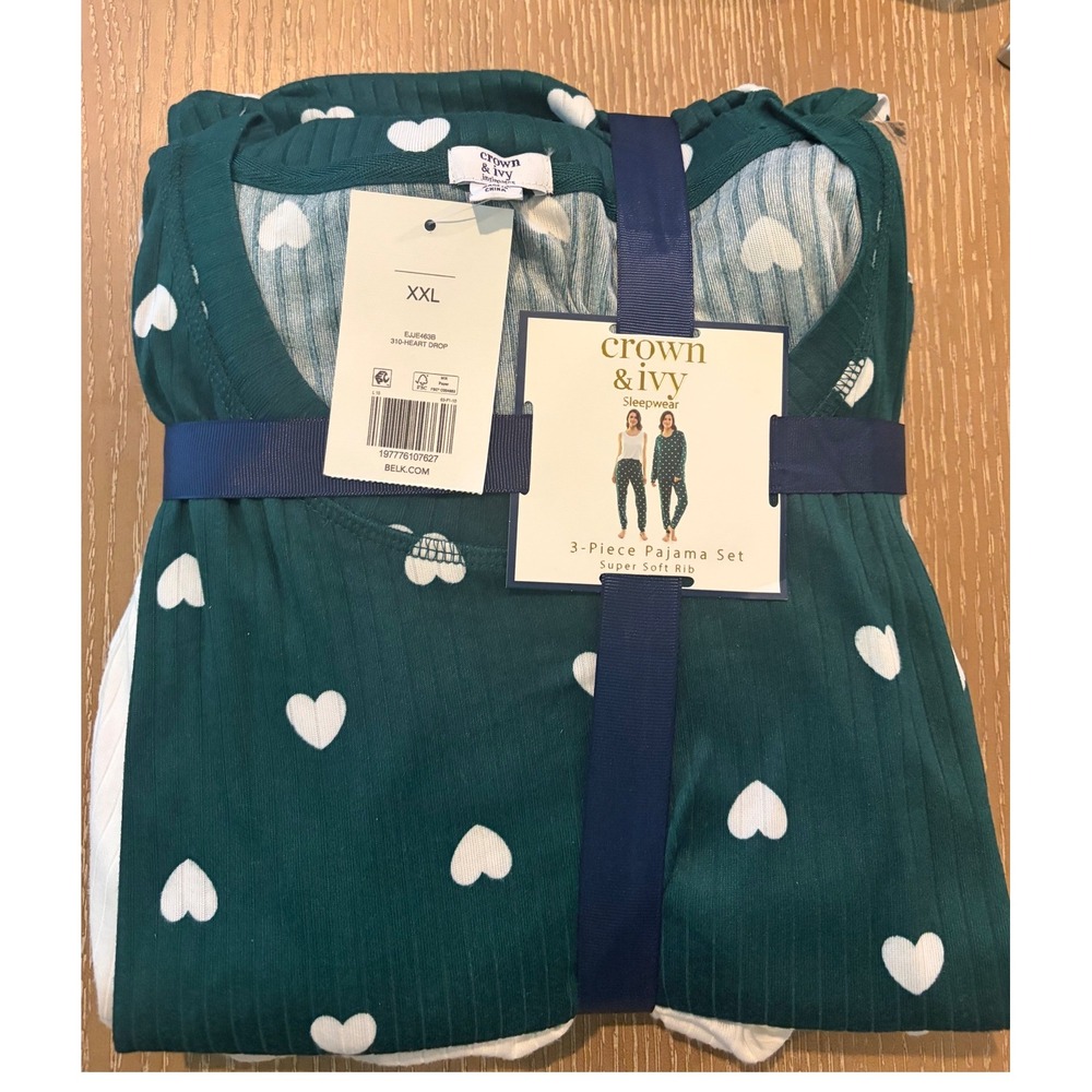 Crown & Ivy 3 Pc Pajama Set XXL NWT Heart Print Super Soft Rib‎ Lounge Sleepwear